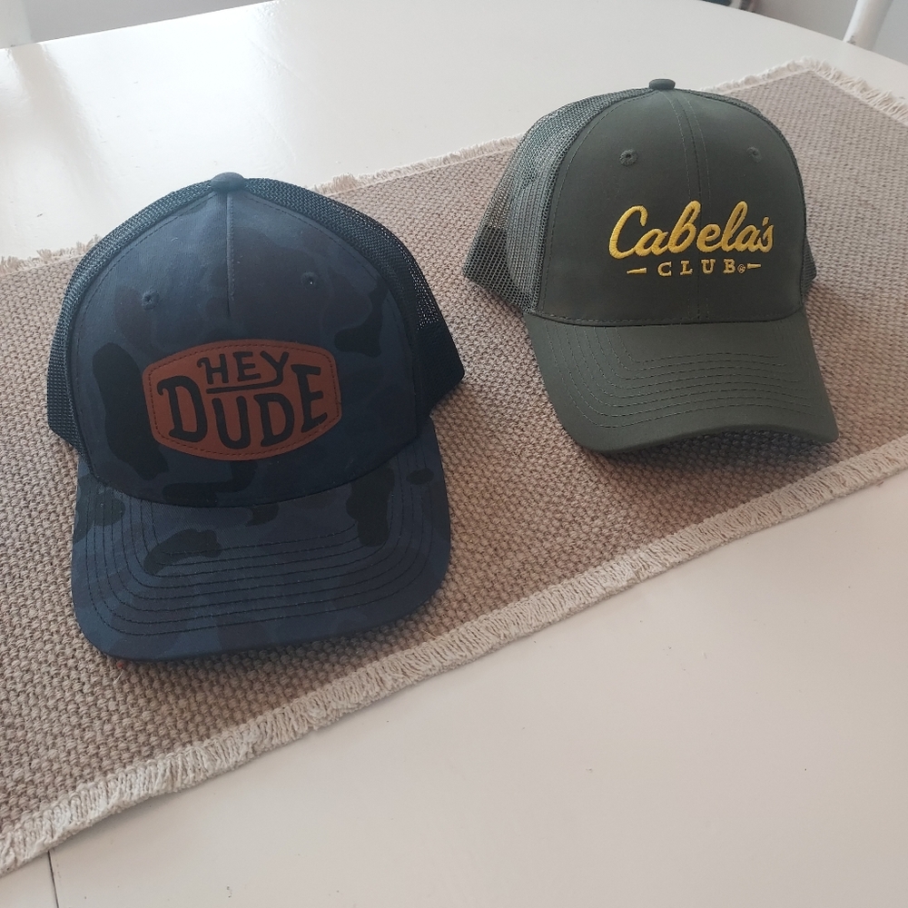 Hey Dude Blue Camo Cap and Cabela's Club Green Cap